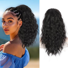 QGZ Ponytail Extension 14 Inch Drawstring Ponytail for Women Synthetic Long Curly Wavy Fluffy Clip in Ponytail Hair Extensions for Daily Halloween Use(Black Brown)