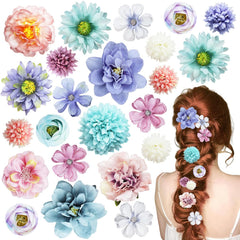 21 PCS Hair Flowers Boho Hair Barrettes Accessories Hawaiian Silk Flower Clips Girls Purple Blue Floral Bride Headpiece Festival(BLUE & PURPLE)