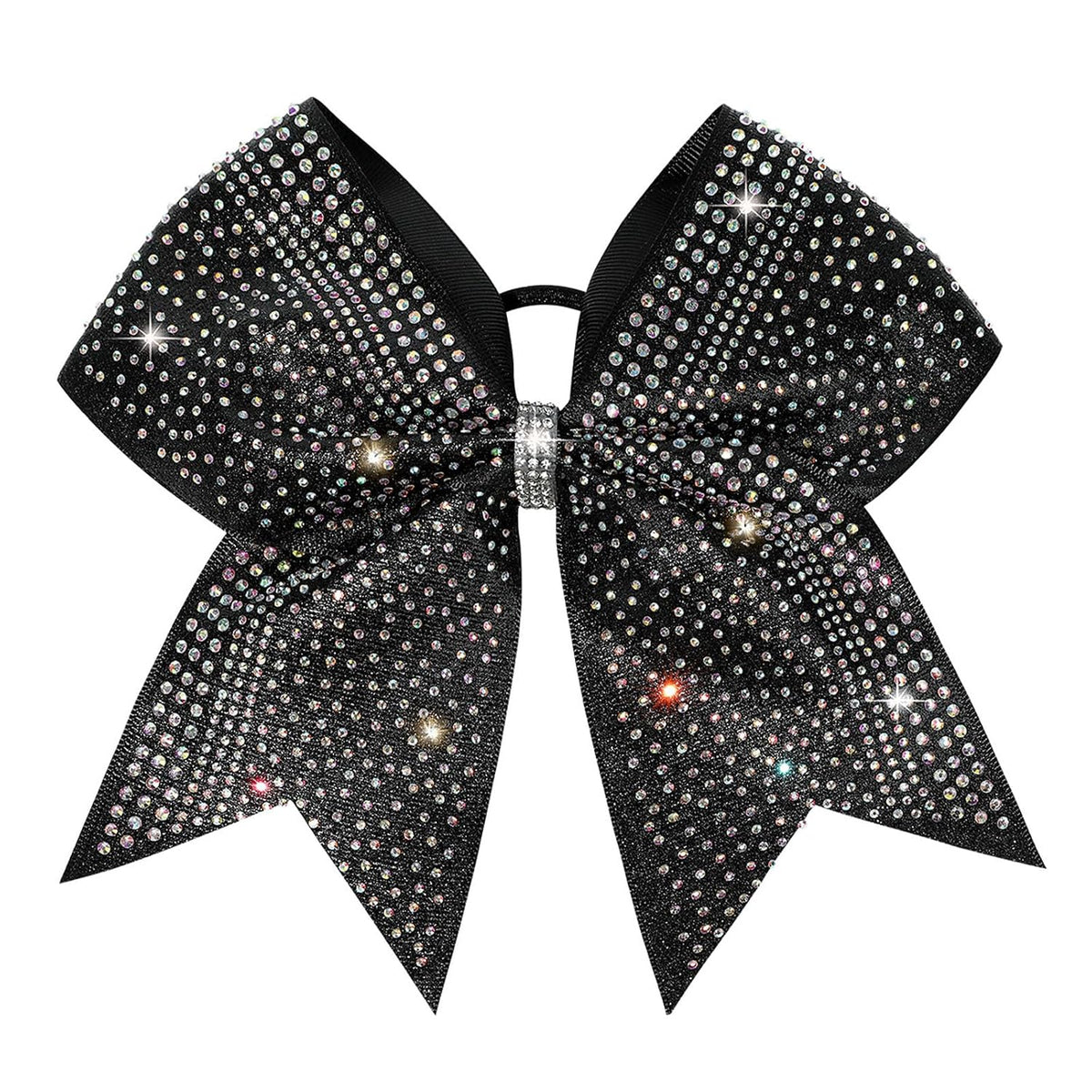 DEEKA 1 PCS 8" Large Glitter Cheer Bows with Iridescent Rhinestones Colorful Stiff Hair Elastic Band Ponytail Holder for Cheerleader Girls Sports (Black)
