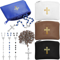 8 Pcs Rosary Pouch with Catholic Rosary Beads Y-Necklace Set for Women PU Leather Holder with Zipper and Gold Cross Imprint Case Portable Religious Bag for Travel