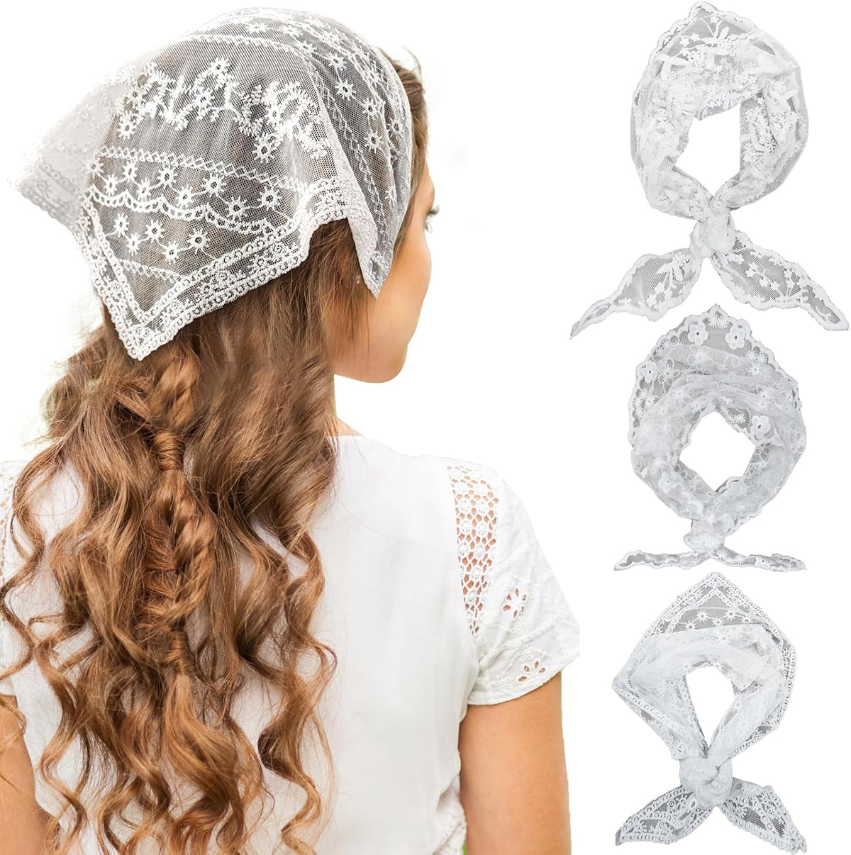 3 Pcs Bandanas for Women, Lace Head Scarf Triangle Hair Bandana Headband Cute Headscarf Boho Floral Kerchief