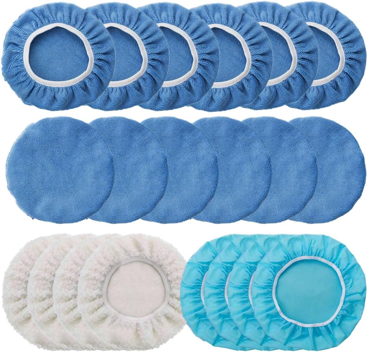 20PCS 7-8 Inch Car Polisher Pad Bonnets, Soft Auto Wax Applicator Pad Bonnet Set with 12 Microfiber Bonnets, 4 Non-Woven Pads, 4 Woollen, Vehicle Orbital Buffing Cover for Cars (7-8IN)