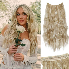 Brown Mixed Blonde Invisible Wire Hair Extensions Long Wavy Synthetic Hairpiece with 4 Secure Clips for Women 20 Inch Clip in Hair Extensions