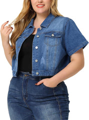 Agnes Orinda Plus Size Denim Jacket for Women Short Sleeves Button Down Cropped Jean Jackets