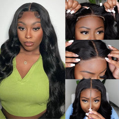 Wear and Go Glueless Wigs Human Hair Pre Cut HD Lace 5X5 Body Wave Lace Wigs Human Hair Pre Plucked 180% Density 3 Seconds to Wear Glueless Wigs for Beginners 28 Inch, Black