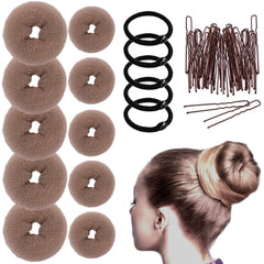 10 Pcs Hair Bun Maker - Donut Bun Maker for Hair(5 medium and 5 small),Ballet Bun for Women and Kids with Elastic Hair Ties, Hair Pins(Brown)