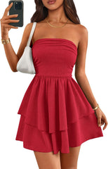 PRETTYGARDEN Women's 2025 Summer Strapless Tube Mini Dress Off Shoulder Smocked Ruffle A Line Flowy Short Party Club Dresses