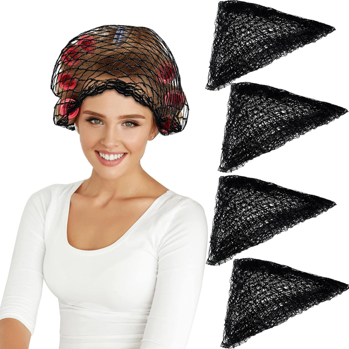 WILLBOND Cotton Triangle Hair Net for Rollers, Women Mesh Hair Net Setting for Sleeping, 35 x 35 x 57 Inches, Black (4)