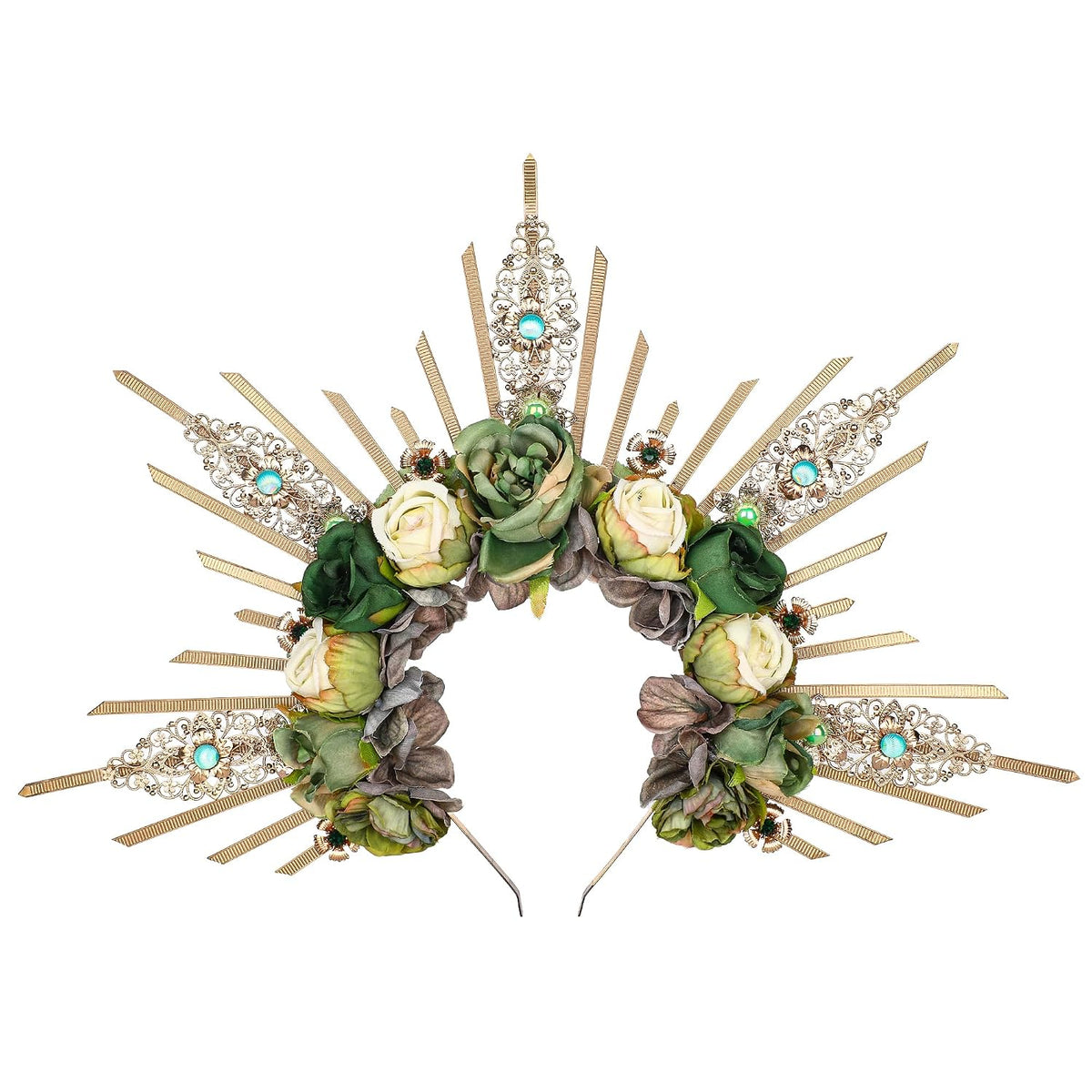 Renfaire Roses Halo Crown - Handmade Woodland Goddess Headpiece with Crystal Gold Sunburst Headband Spiked Green Rose Flower Tiaras for Women Fairy Renaissance Cosplay Halloween