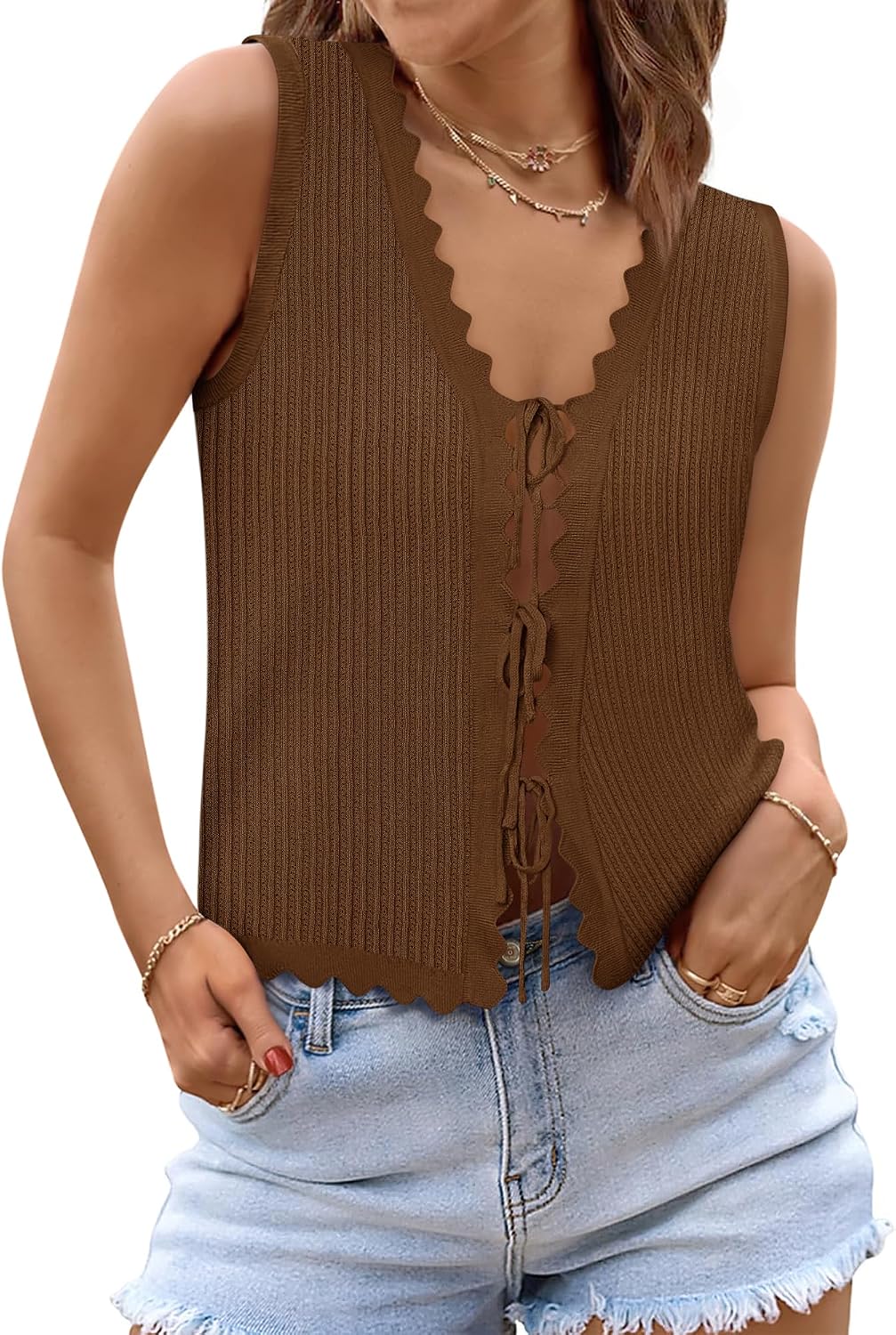Womens Tie Front Tops Trendy 2025 Summer V Neck Sleeveless Sweater Vests Fashion Cute Crochet Knit Tops