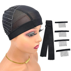 Wig Cap with Guideline Map for Wig Making, Stretchable Mesh Dome Caps with 1 Elastic Band and 4 Wig Combs for Beginners Sewing Wig (Medium: 21"-22", 4 * 4 Closure)