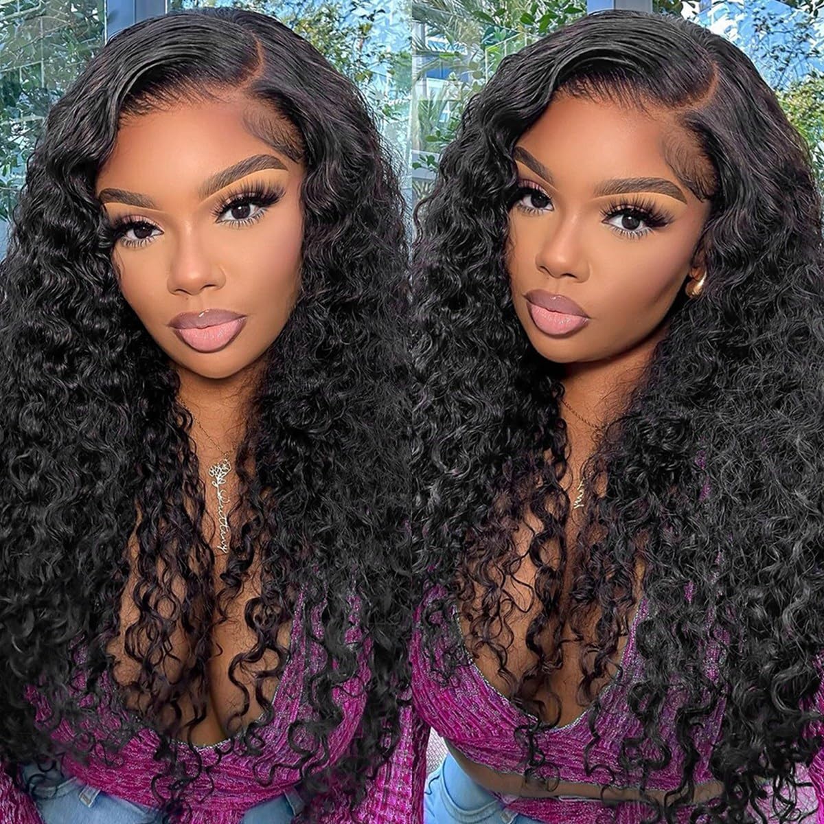 16 Inch 13x6 Deep Wave Lace Front Wigs Human Hair Pre Plucked HD Lace Brazilian Virgin Short Curly Human Hair Wig Glueless Frontal Wigs for Women 180 Density Natural Black Deep Wave Wig