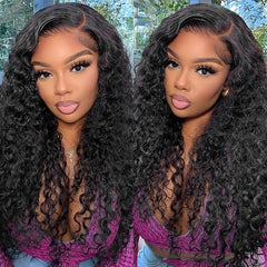 16 Inch 13x6 Deep Wave Lace Front Wigs Human Hair Pre Plucked HD Lace Brazilian Virgin Short Curly Human Hair Wig Glueless Frontal Wigs for Women 180 Density Natural Black Deep Wave Wig