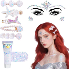Wehhbtye 6 Pcs Mermaid Glitter Face and Chest Gems, Rhinestone Chest Jewels Face Sticker with Body Glitter, Festival Rave Body Crystal Tattoo for Halloween Costume Themd Party Makeup