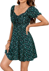 Missufe Women's Puff Short Sleeve Fit and Flare Casual Drawstring Floral Mini Sun Dresses 2025 Summer Vacation