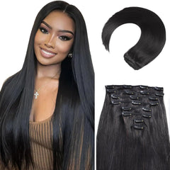 Clip in Hair Extensions Real Human Hair, 26 Inch 130g, 1B Natural Black, Invisible Seamless Straight Remy Human Hair Clip in Extensions for Women 8pcs Per Set with Double Weft