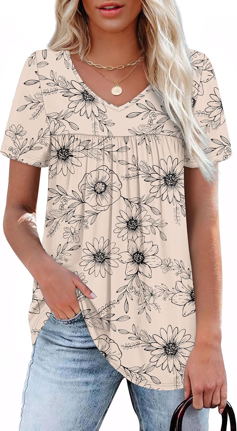 WEESO Womens T Shirts Short Sleeve Pleated Dressy Casual V Neck Summer Tops Blouses