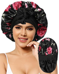 Satin Bonnet for Women Silk Bonnets for Sleeping Curly Hair Bonnet with Elastic Tie Band Reversible Double Layer Sleep Cap Hair Wrap (Bean Paste + Pink)