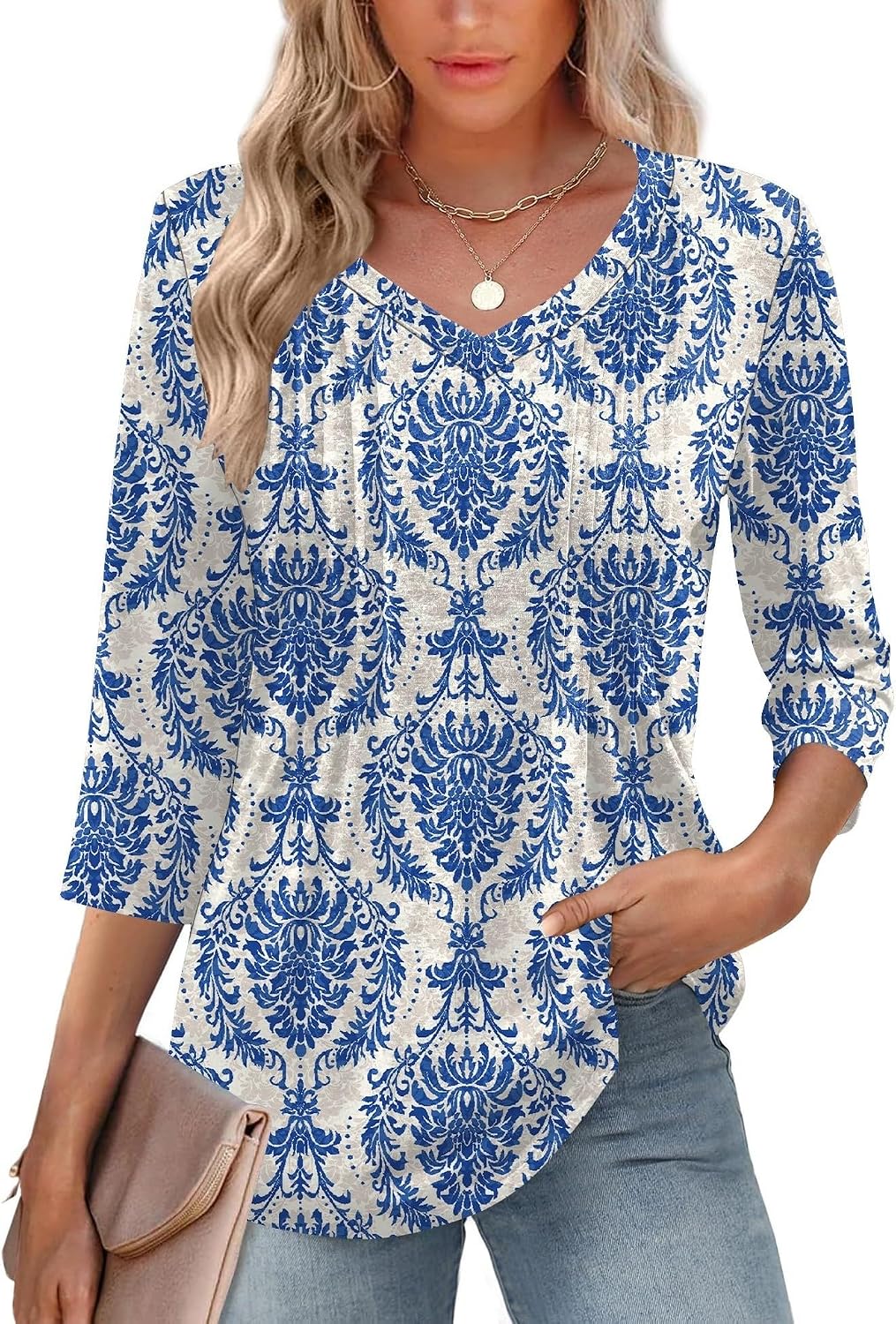 Romanstii Shirts for Women 2025 Summer 3/4 Length Sleeve Womens Tops Dressy Casual Pleated Blouses V Neck Tee Shirts S-3XL