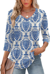 Romanstii Shirts for Women 2025 Summer 3/4 Length Sleeve Womens Tops Dressy Casual Pleated Blouses V Neck Tee Shirts S-3XL