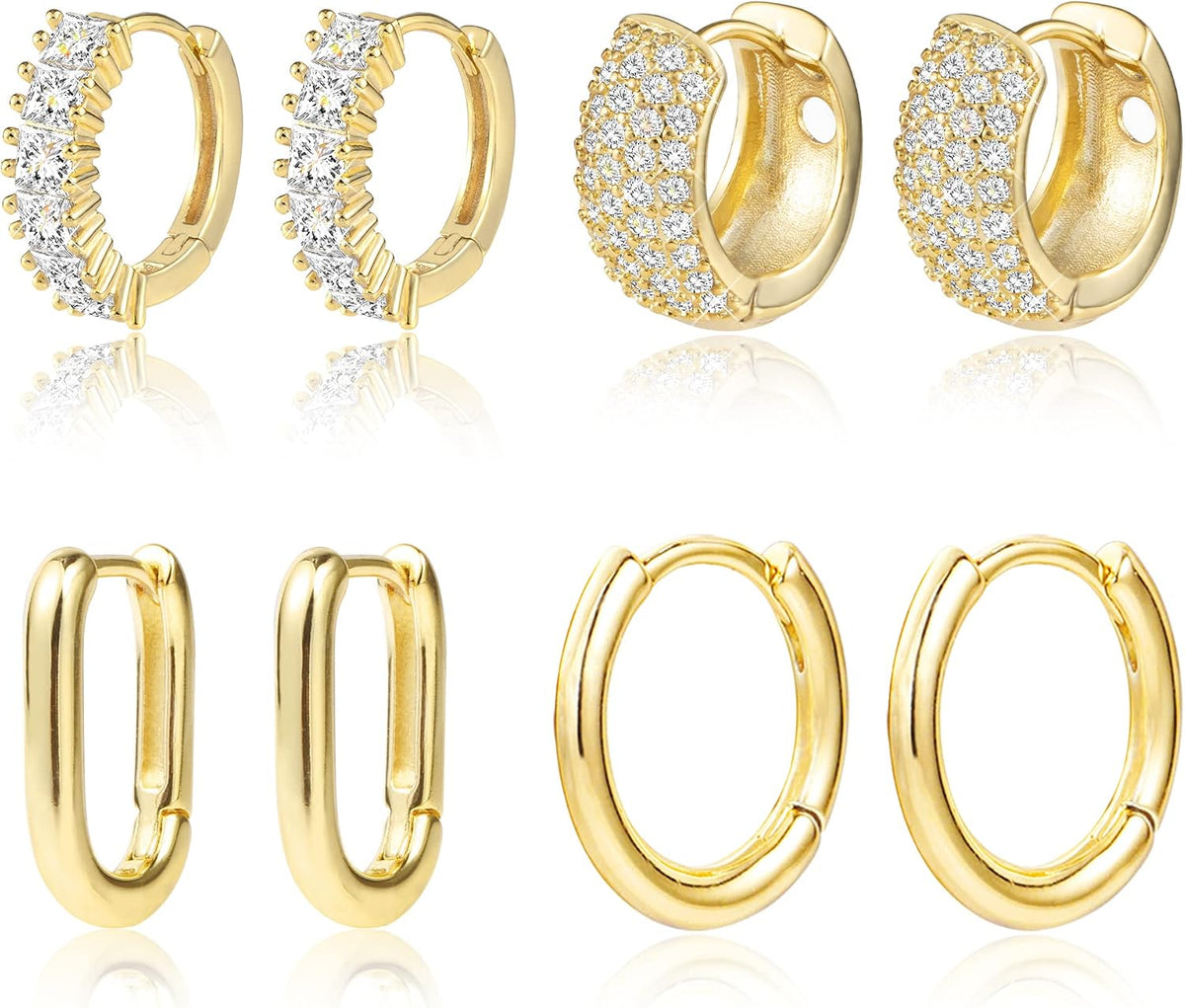 ALEXCRAFT Small Gold Hoop Earrings Set for Women Diamond Pave Gold Earrings Set with Sterling Silver Post