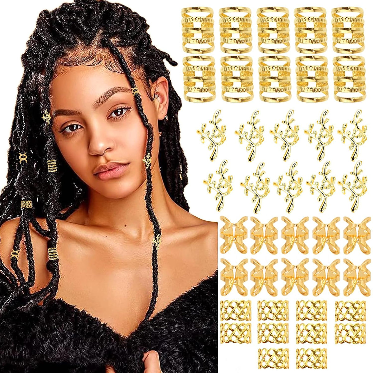 40PCS Gold Hair Jewelry for Braids Multi Style Hair Cuffs Adjustable Braid Jewelry Non-Piercing Ear Clips Loc Dreadlock Accessories for Women and Girls
