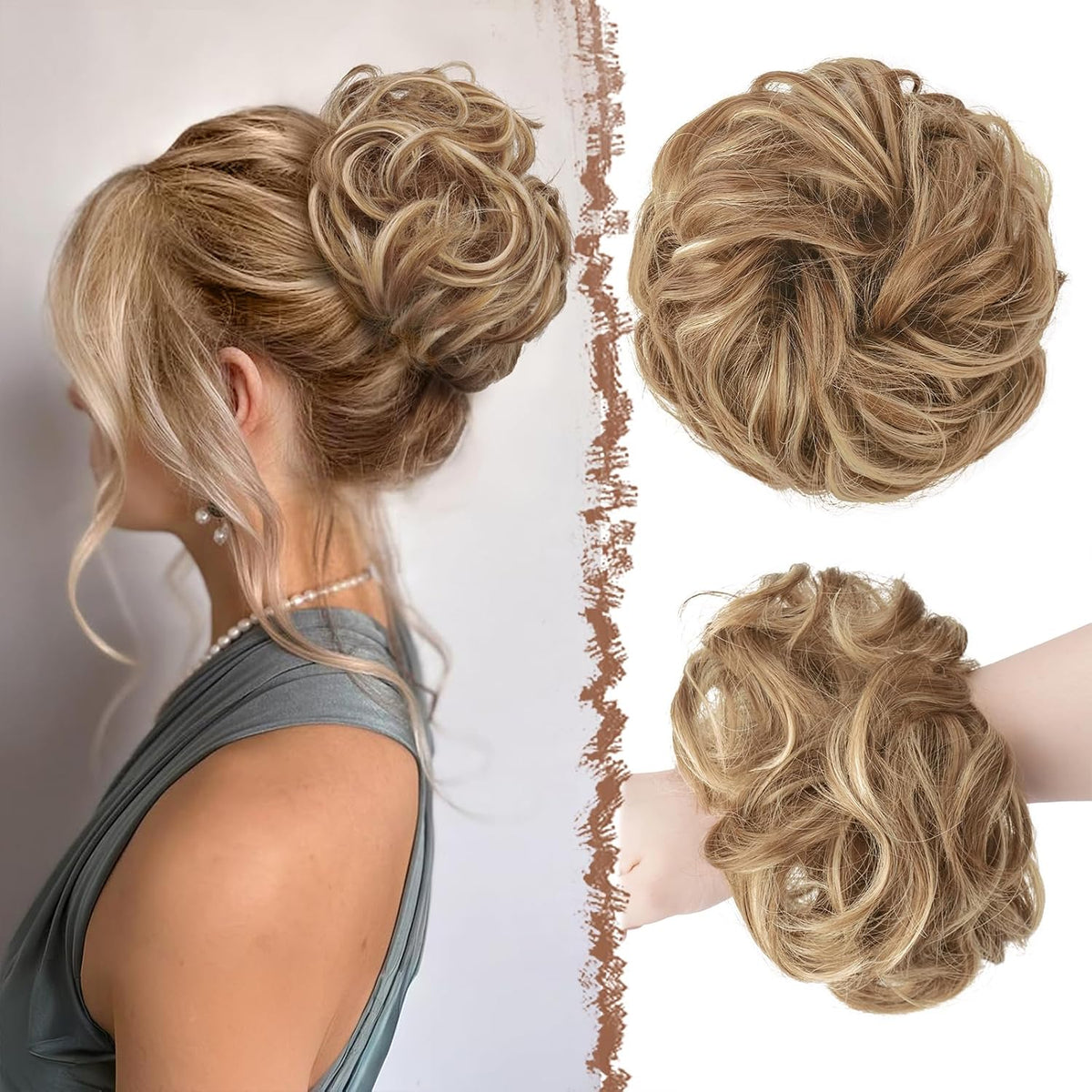 FESHFEN Messy Bun Hair Pieces - Large Wavy Curly Elastic Hair Bun Scrunchies Ponytail Extensions Synthetic Chignon Hairpieces for Women, Black Gray and White Tips 1.94oz