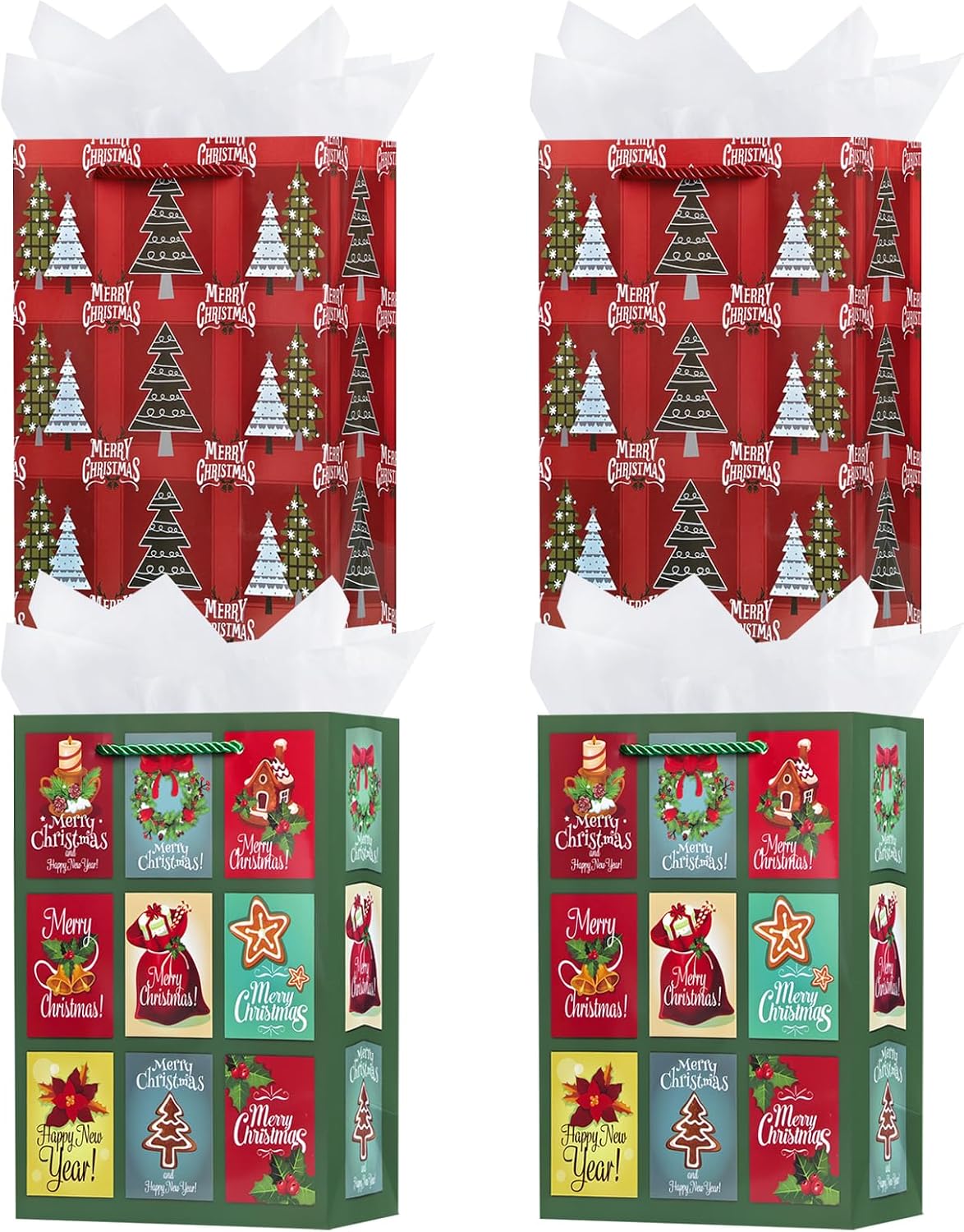 OFIHANLY 4 Pack 15.7" Large Size Merry Christmas Gift Bags with Handles for Xmas Holiday Presents Red&Green Paper Wrapping Bag with Tissue Paper