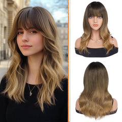 Haloo Brown Wigs with Bangs - 19 Inch Natural Wavy Synthetic Heat Resistant Medium Length Hair Wigs for Women Daily Party, Blonde Mixed Brown