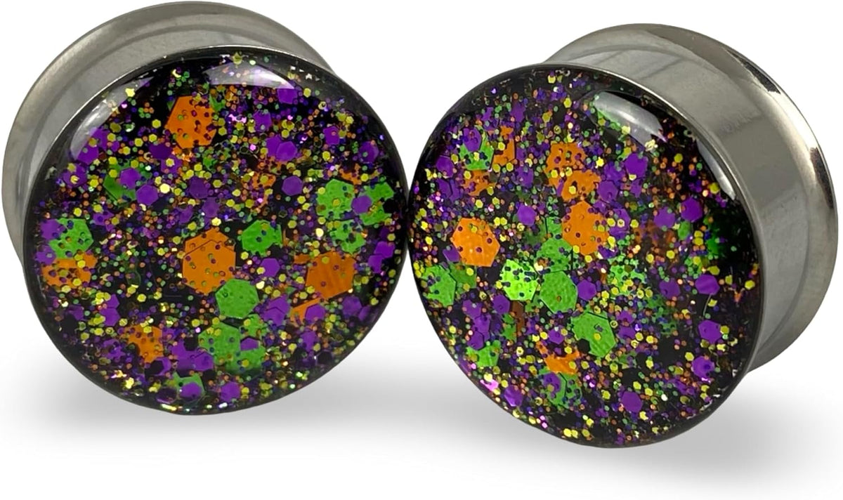 Mystic Metals Body Jewelry Double Flare Embedded Halloween Glitter Plugs gauges - Sold As a Pair