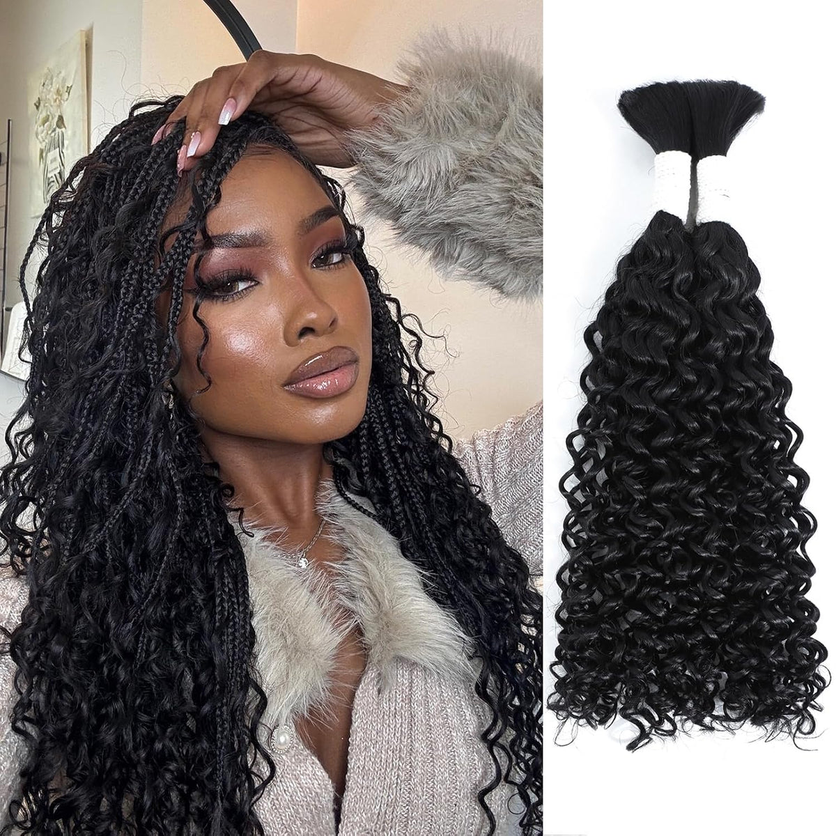 Human Braiding Hair 14 Inch Deep Water Wave Bulk Human Hair for Braiding 12A Brazilian Virgin Curly Hair for Boho Braids Wet and Wavy No Weft 1 Bundle 50g Hair Extensions