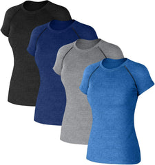 Coume 4 Pack Women's Compression Shirts Short Sleeve Workout Tops Running Athletic Yoga T-Shirt for Gym Sports Gear Quick Dry