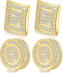 Earrings for Men-Gold Plated Earrings Silver Stud Earrings for Sensitive Ears Hypoallergenic Large Circle Square CZ Mens Earrings Set Aretes De Hombre
