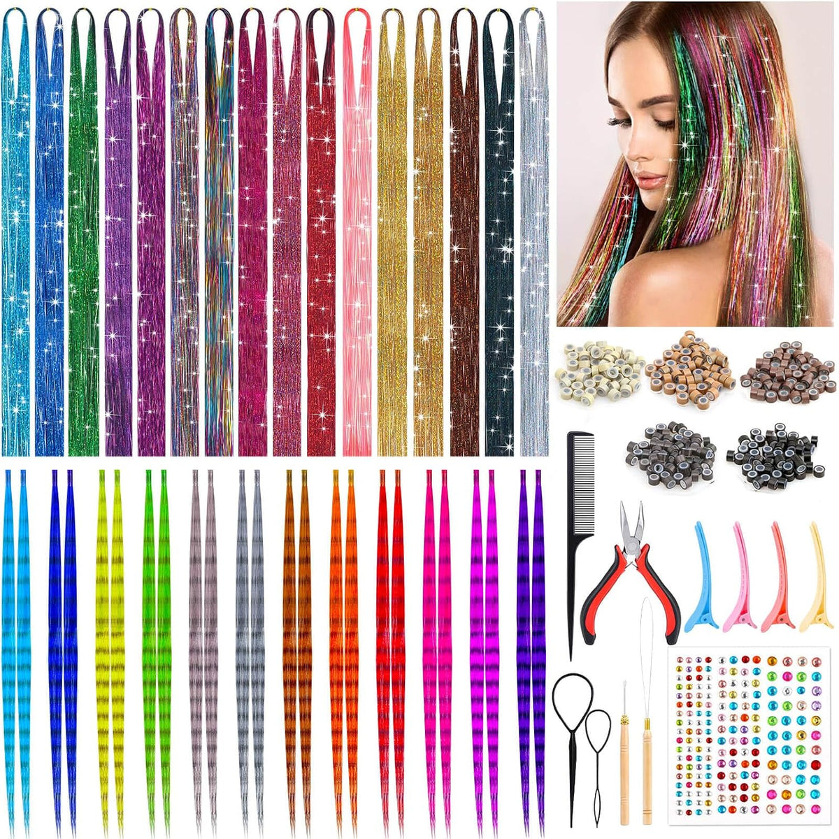 Hair Tinsel Kit with Tools, 20 Colors 4000 Strands Sparkling Glitter Tinsel Hair, Heat Resistant Shiny Fairy Hair Tinsel Extensions for Women Girls Hair Accessories for Cosplay Party