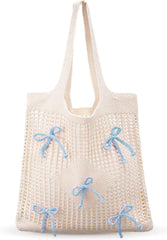 Bow Crochet Tote Bag for Women Mesh Knitted Shoulder Bag Coquette Cute Aesthetic Travel Tote for Girls