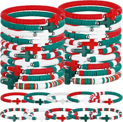 30 Pcs Cross Bracelets Bulk Jesus Bracelets Handmade Elastic Colorful Polymer Clay Beaded Religious Wristbands Christian Wristbands for Women Kids Sunday Halloween Christmas