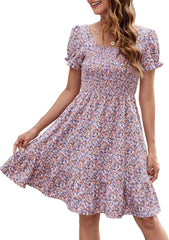 Lyrur Women's Short Sleeve Summer Dresses 2025 Spring Casual Square Neck Easter Dress A-Line Tiered Sundress with Pockets