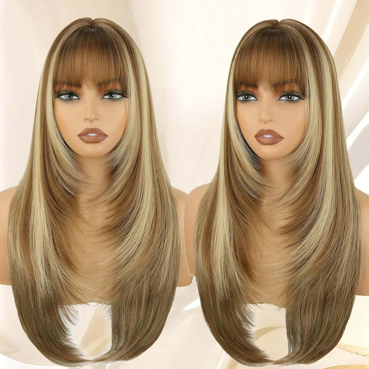 Black Long Straight Layered Wig with Bangs for Women 26 inch Put on Go Realistic Synthetic Fiber Heat Resistant Natural Wig for Girls Party Cosplay and Daily Use