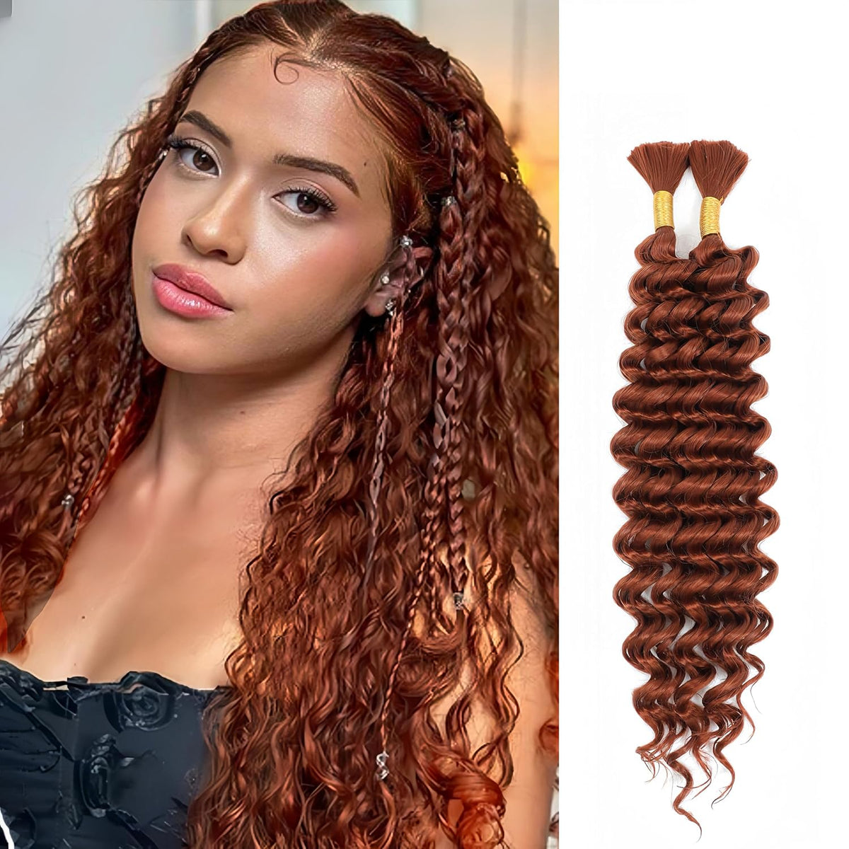 Human Braiding Hair Mix Synthetic Boho Hair for Braiding, 20 Inch Deep Wave Bulk for Boho Braids 2 Pcs Curly Bohemian Wet and Wavy Braiding Hair(1B, 20 Inch)