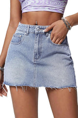 ELLEVEN Denim Skirt Women Mini Low Waist Stretchy Raw Hem Jean Skirt with Pockets