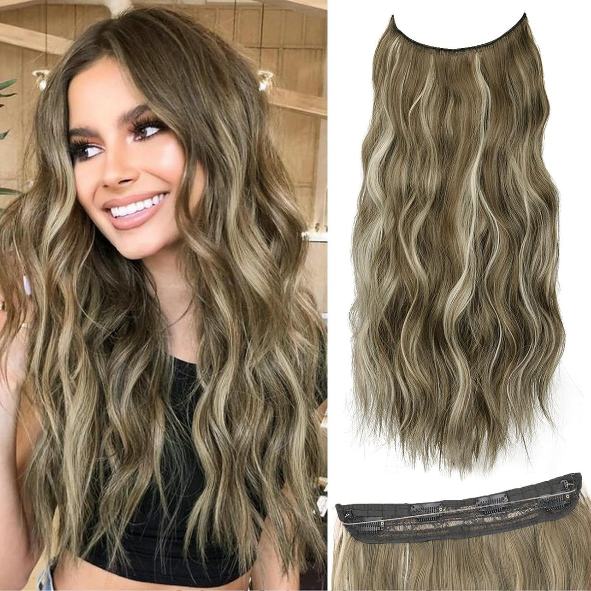 Brown Mixed Blonde Invisible Wire Hair Extensions Long Wavy Synthetic Hairpiece with 4 Secure Clips for Women 20 Inch Clip in Hair Extensions