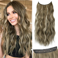 Brown Mixed Blonde Invisible Wire Hair Extensions Long Wavy Synthetic Hairpiece with 4 Secure Clips for Women 20 Inch Clip in Hair Extensions