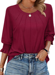 Spring Tops for Women 2025 3/4 Sleeve Blouse Crewneck Pleated Tunic Tops Dressy Casual Shirts Business Work Outfits