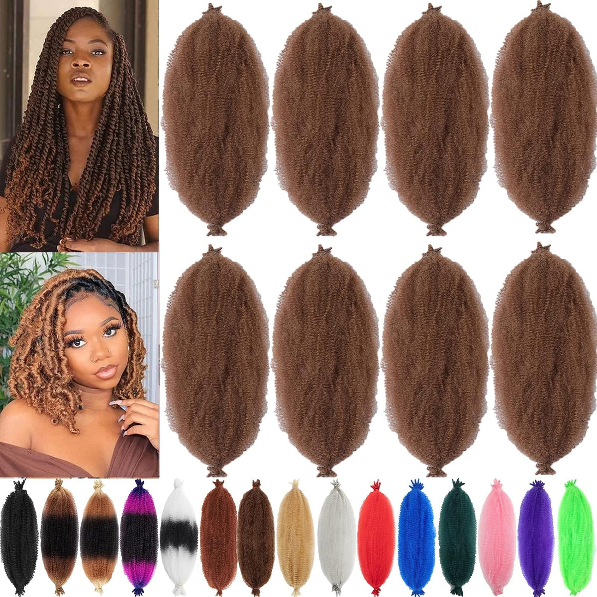 8 Packs Springy Afro Twist Hair 16 inch Pre-Separated Marley Twist Braiding Hair for Distressed Faux Locs Spring Twist Hair Extensions for Women (1B, 16 Inch (Pack of 8))