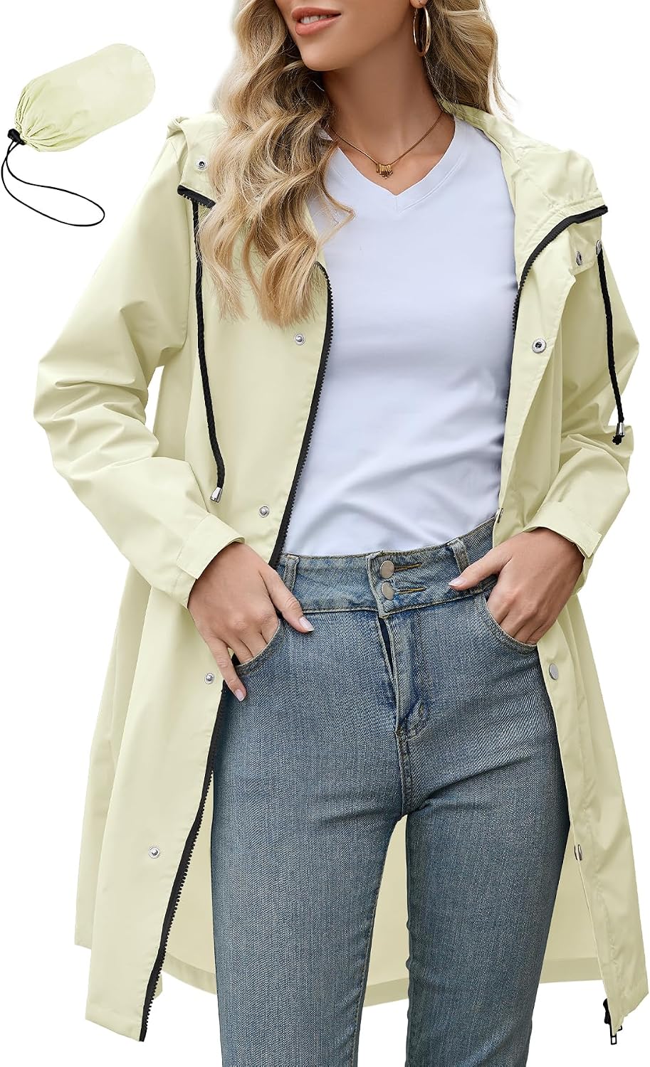 Zando Long Packable Rain Jacket Women Waterproof - Raincoat for Women Rain Coat with Hood Lightweight Outdoor Windbreaker