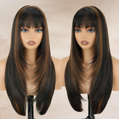 Black Long Straight Layered Wig with Bangs for Women 26 inch Put on Go Realistic Synthetic Fiber Heat Resistant Natural Wig for Girls Party Cosplay and Daily Use