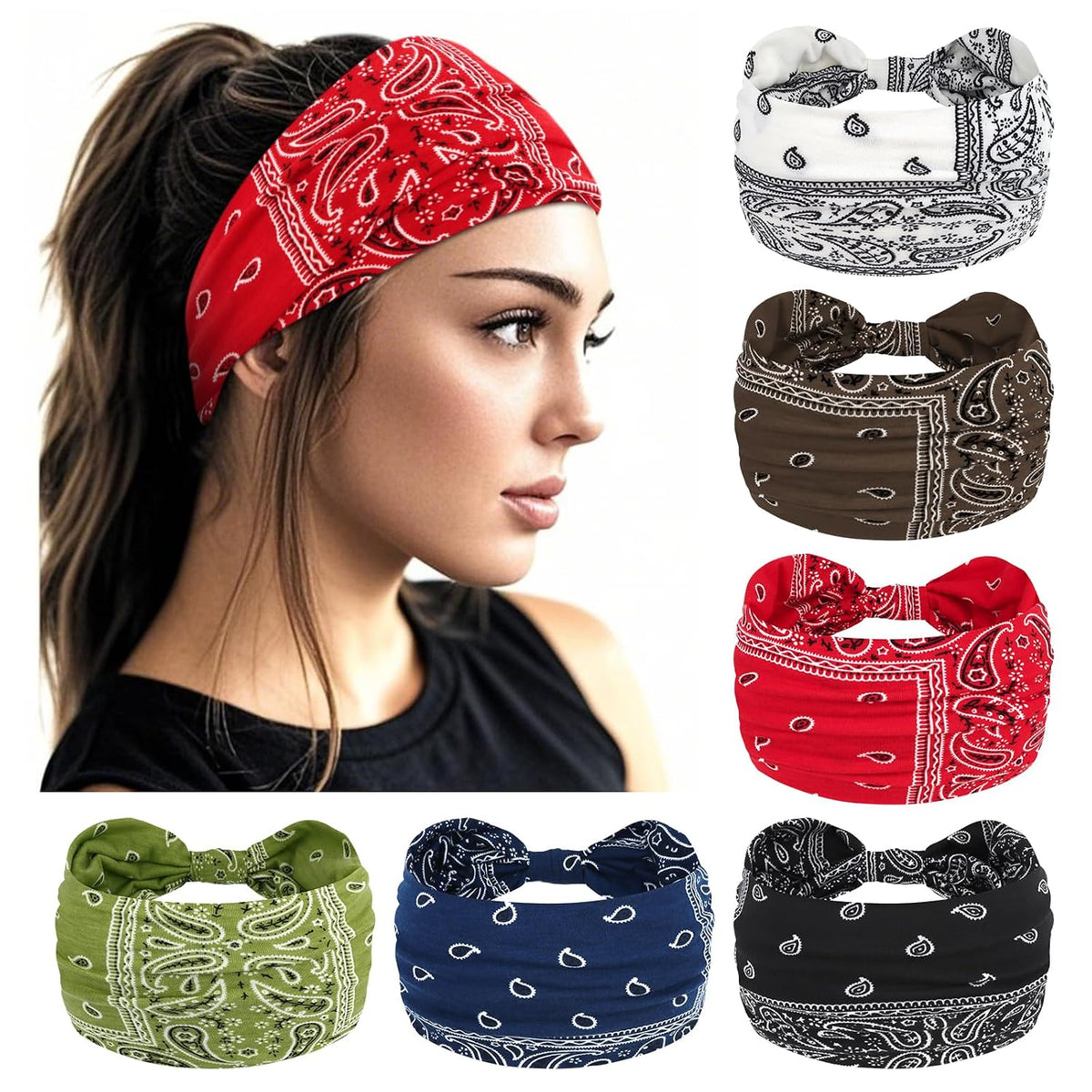 YARIEW Boho Wide Bandana Headbands - Stretch Knotted Elastic Head Wraps for Women, Yoga, Workout, and Hair Accessories (6 Pack)