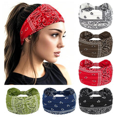 YARIEW Boho Wide Bandana Headbands - Stretch Knotted Elastic Head Wraps for Women, Yoga, Workout, and Hair Accessories (6 Pack)
