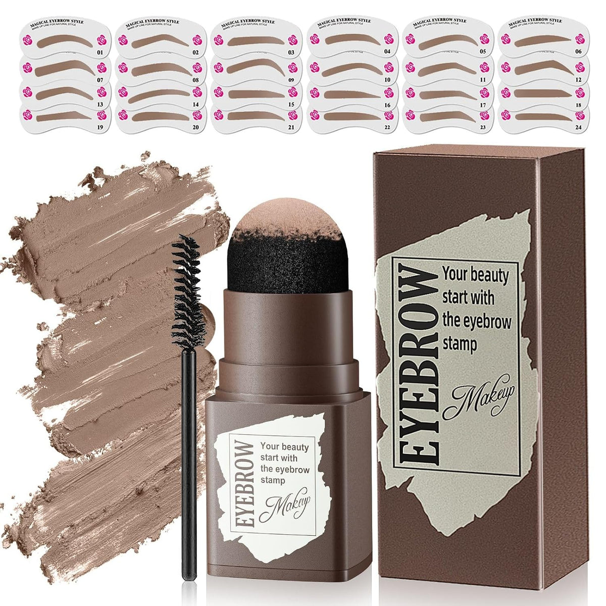 Eyebrow Stamp Stencil Kit - 24PCS Eyebrow Stencils for Perfect Brow, Eyebrow Stamp Long-lasting Waterproof & Smudge-Proof, Eyebrow Kit with Eyebrow Brush for Thin & Thick Brow (Dark Brown)