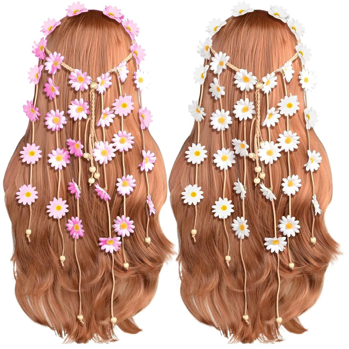 Sucrain 2pcs Flower Hippie Headband Floral Crown Summer Sunflower Hair Accessories for 70 s Bohemian Costumes Style